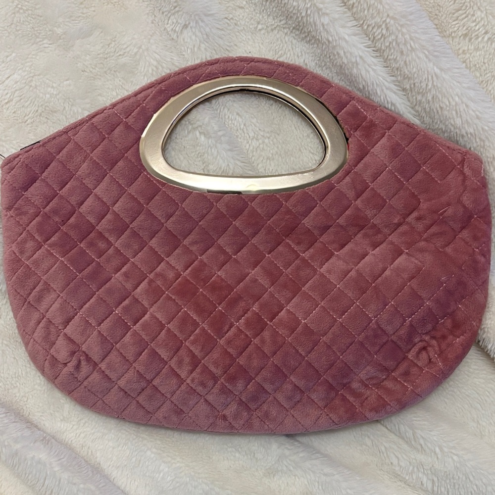 Quilted Pink Velvet Handbag with Silver Handle